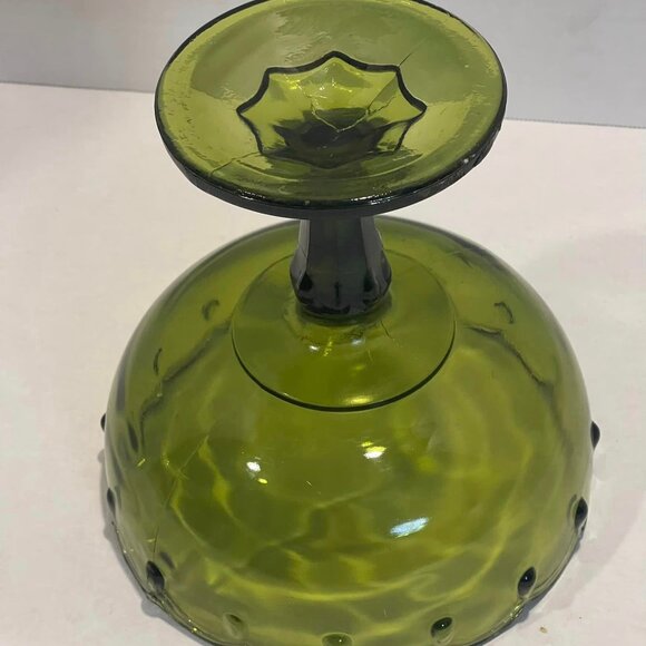 Indiana Glass "Teardrop Pattern" Scalloped Rim Frosted Green Footed Bowl Vintage - Picture 4 of 6